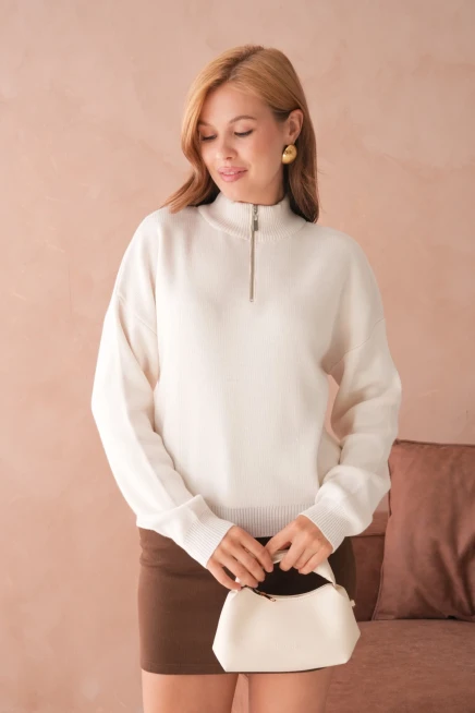 Kadın Taş Oversize Fermuarlı Basic Triko Kazak