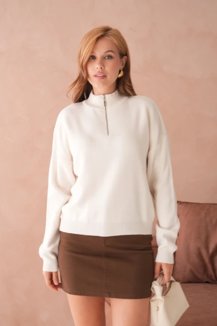 Kadın Taş Oversize Fermuarlı Basic Triko Kazak