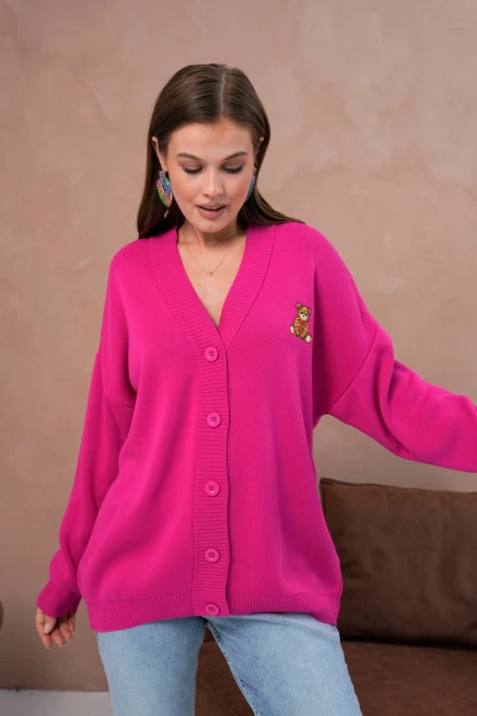 Kadın V Yaka Düğme Kapama Nakışlı Oversize Triko Hırka