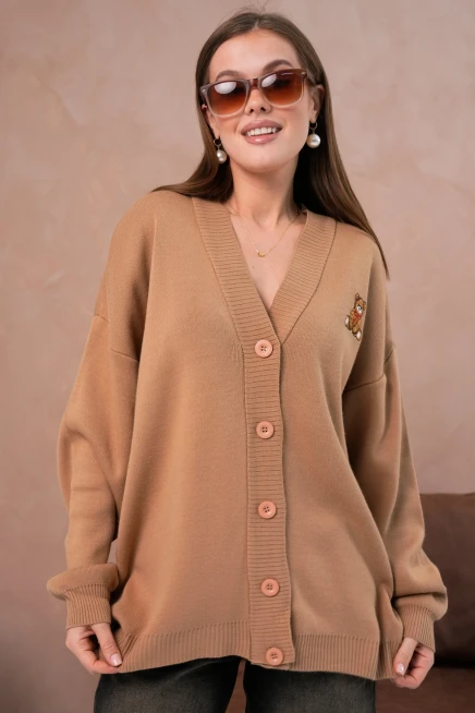 Kadın V Yaka Düğme Kapama Nakışlı Oversize Triko Hırka