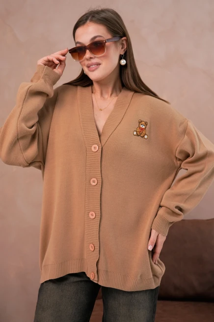 Kadın V Yaka Düğme Kapama Nakışlı Oversize Triko Hırka