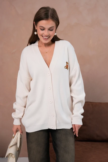 Kadın V Yaka Düğme Kapama Nakışlı Oversize Triko Hırka