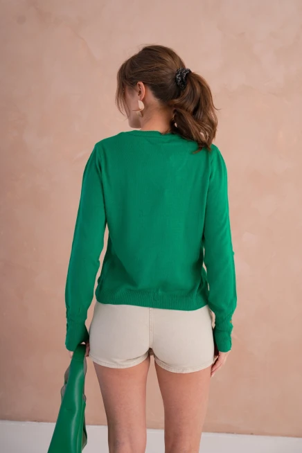 Kadın V Yaka Nakış Detay Kolu Troklu Triko Kazak