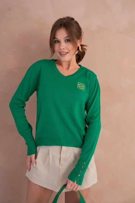 Kadın V Yaka Nakış Detay Kolu Troklu Triko Kazak