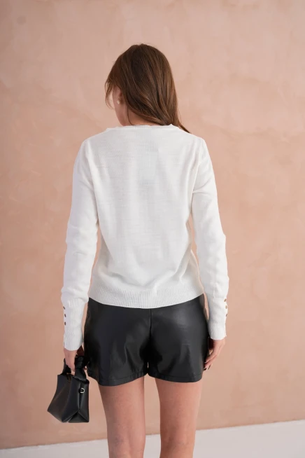 Kadın V Yaka Nakış Detay Kolu Troklu Triko Kazak