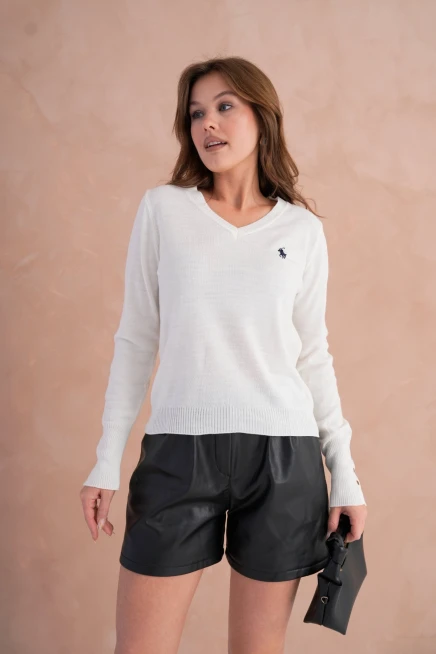 Kadın V Yaka Nakış Detay Kolu Troklu Triko Kazak