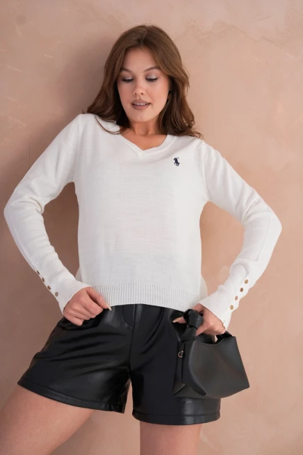 Kadın V Yaka Nakış Detay Kolu Troklu Triko Kazak