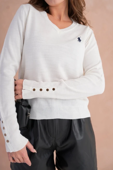 Kadın V Yaka Nakış Detay Kolu Troklu Triko Kazak