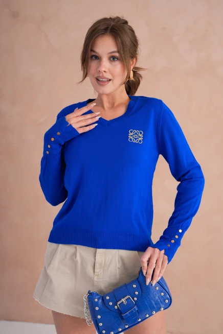 Kadın V Yaka Nakış Detay Kolu Troklu Triko Kazak