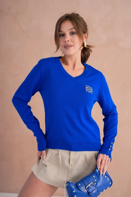 Kadın V Yaka Nakış Detay Kolu Troklu Triko Kazak