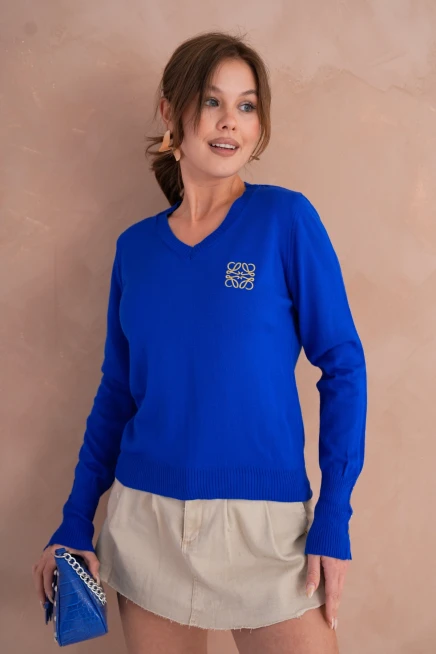 Kadın V Yaka Nakış Detay Kolu Troklu Triko Kazak