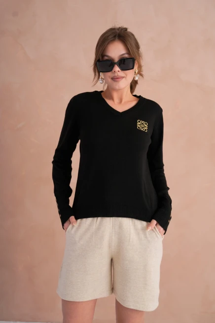 Kadın V Yaka Nakış Detay Kolu Troklu Triko Kazak
