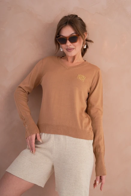 Kadın V Yaka Nakış Detay Kolu Troklu Triko Kazak