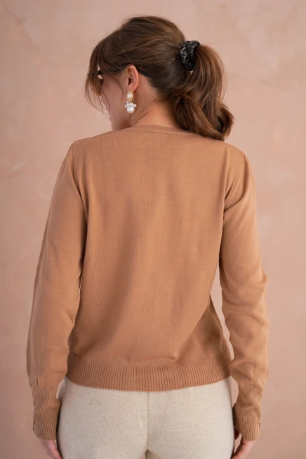 Kadın V Yaka Nakış Detay Kolu Troklu Triko Kazak