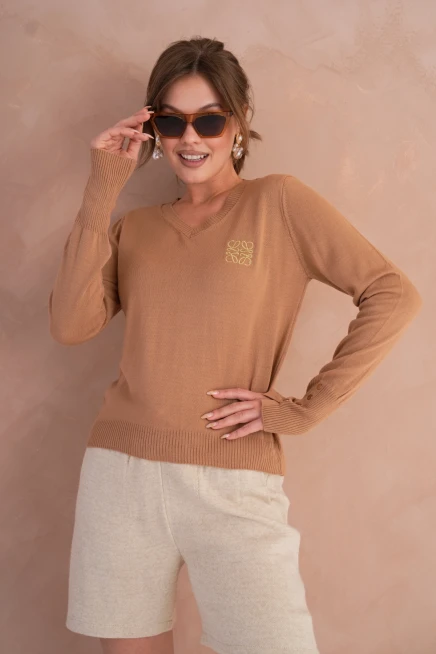 Kadın V Yaka Nakış Detay Kolu Troklu Triko Kazak