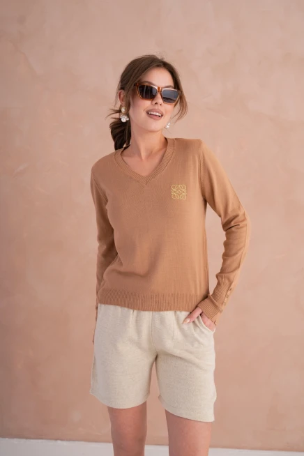 Kadın V Yaka Nakış Detay Kolu Troklu Triko Kazak