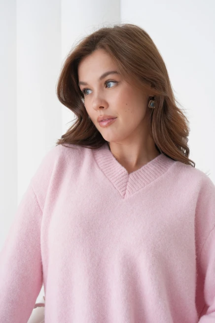 Kadın V Yaka Yumuşak Dokulu Oversize Triko Kazak