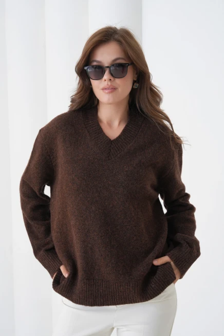 Kadın V Yaka Yumuşak Dokulu Oversize Triko Kazak