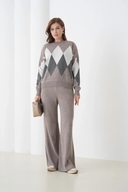 Kadın Vizon Bisiklet Yaka Baklava Desenli Kazak Pantolon Triko Alt-Üst Takım