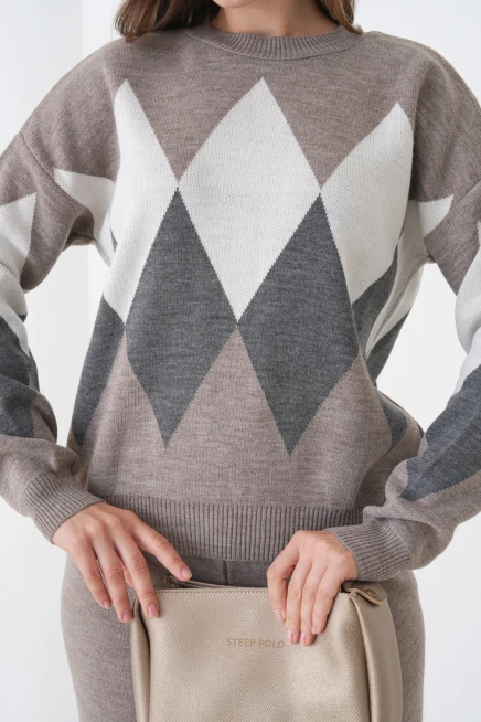 Kadın Vizon Bisiklet Yaka Baklava Desenli Kazak Pantolon Triko Alt-Üst Takım