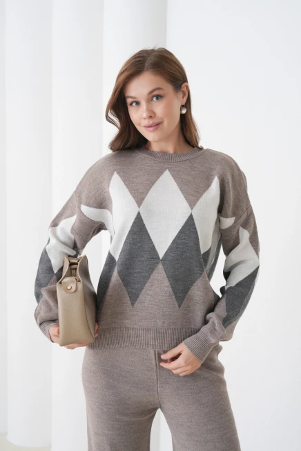 Kadın Vizon Bisiklet Yaka Baklava Desenli Kazak Pantolon Triko Alt-Üst Takım