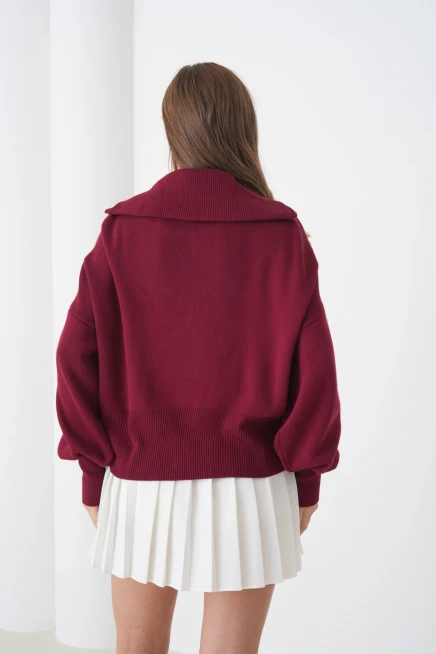 Kadın Balıkçı Yaka Fermuar Kapama Örgü Detay Triko Ceket