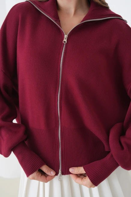 Kadın Balıkçı Yaka Fermuar Kapama Örgü Detay Triko Ceket