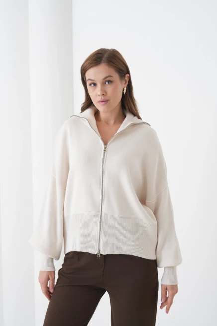 Kadın Balıkçı Yaka Fermuar Kapama Örgü Detay Triko Ceket