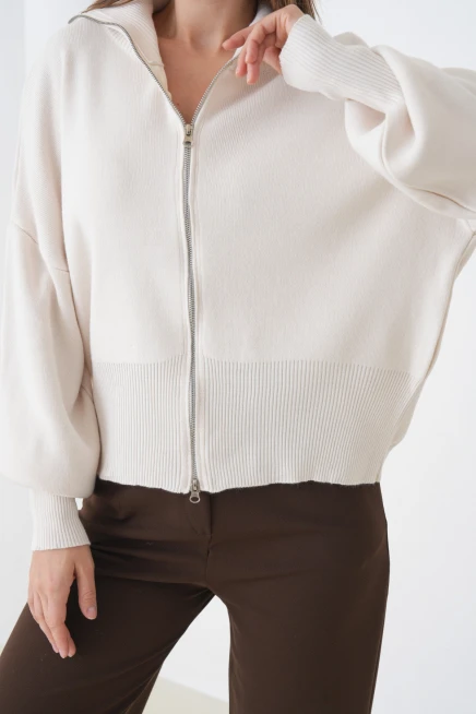 Kadın Balıkçı Yaka Fermuar Kapama Örgü Detay Triko Ceket