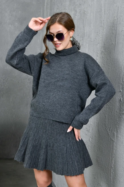 Kadın Balıkçı Yaka Örgü Detay Kazak Etek İkili Triko Takım