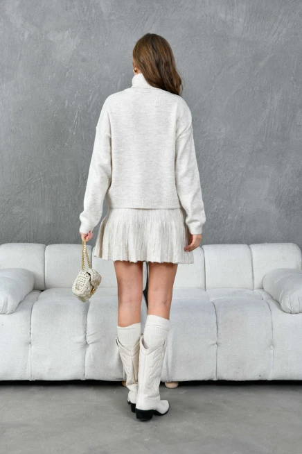 Kadın Balıkçı Yaka Örgü Detay Kazak Etek İkili Triko Takım