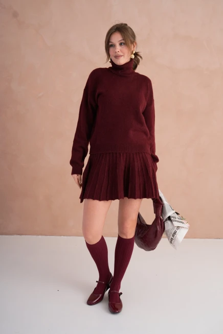 Kadın Balıkçı Yaka Örgü Detay Kazak Etek İkili Triko Takım