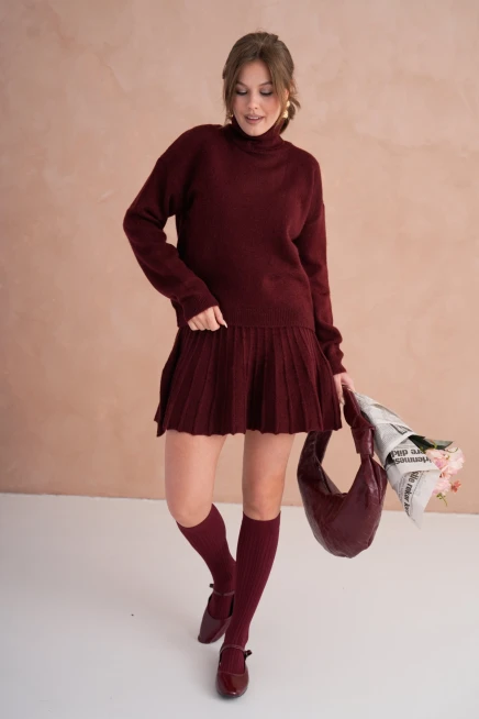 Kadın Balıkçı Yaka Örgü Detay Kazak Etek İkili Triko Takım