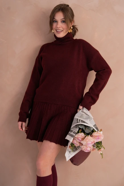 Kadın Balıkçı Yaka Örgü Detay Kazak Etek İkili Triko Takım