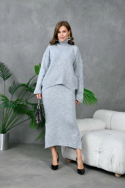 Kadın Balıkçı Yaka Oversize Kazak Uzun Etek İkili Triko Takım