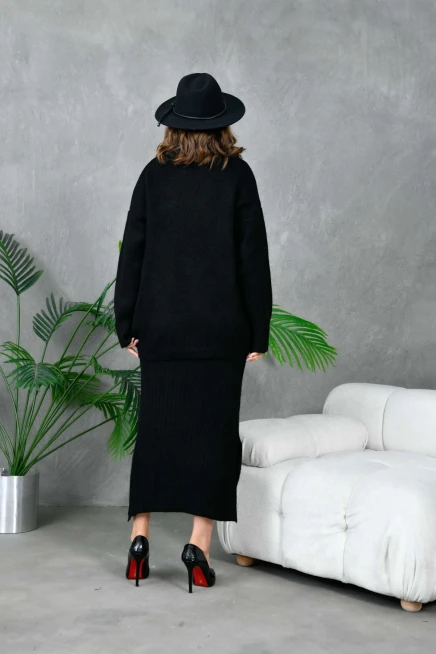 Kadın Balıkçı Yaka Oversize Kazak Uzun Etek İkili Triko Takım