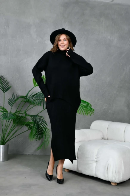 Kadın Balıkçı Yaka Oversize Kazak Uzun Etek İkili Triko Takım