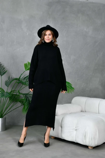 Kadın Balıkçı Yaka Oversize Kazak Uzun Etek İkili Triko Takım