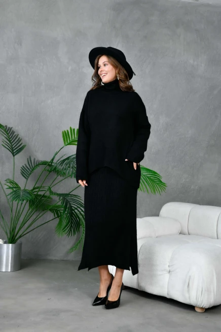 Kadın Balıkçı Yaka Oversize Kazak Uzun Etek İkili Triko Takım