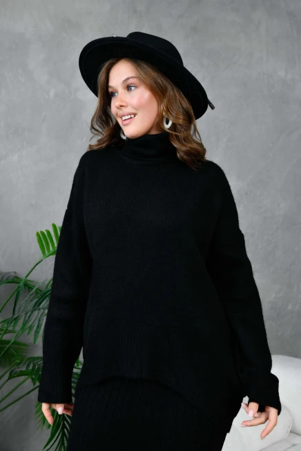 Kadın Balıkçı Yaka Oversize Kazak Uzun Etek İkili Triko Takım