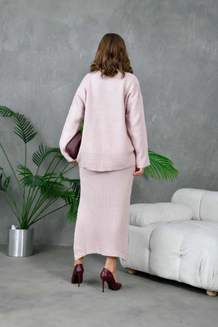 Kadın Balıkçı Yaka Oversize Kazak Uzun Etek İkili Triko Takım