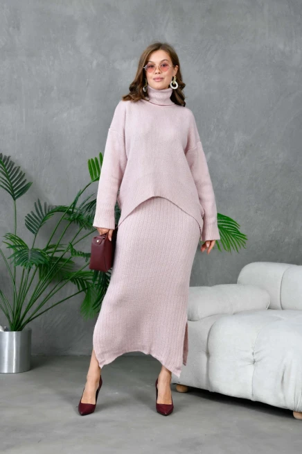 Kadın Balıkçı Yaka Oversize Kazak Uzun Etek İkili Triko Takım