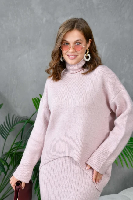 Kadın Balıkçı Yaka Oversize Kazak Uzun Etek İkili Triko Takım