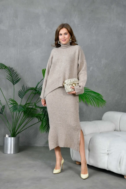 Kadın Balıkçı Yaka Oversize Kazak Uzun Etek İkili Triko Takım