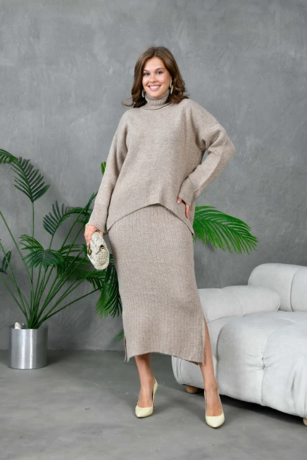 Kadın Balıkçı Yaka Oversize Kazak Uzun Etek İkili Triko Takım