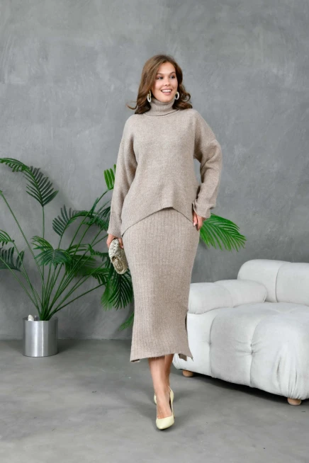 Kadın Balıkçı Yaka Oversize Kazak Uzun Etek İkili Triko Takım