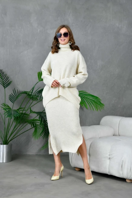 Kadın Balıkçı Yaka Oversize Kazak Uzun Etek İkili Triko Takım