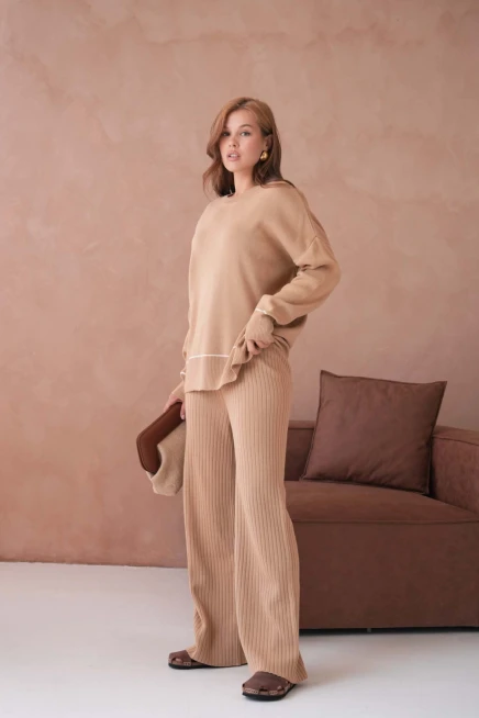 Kadın Bisiklet Yak Adüşük Kol Kazak Fitilli Pantolon İkili Triko Takım