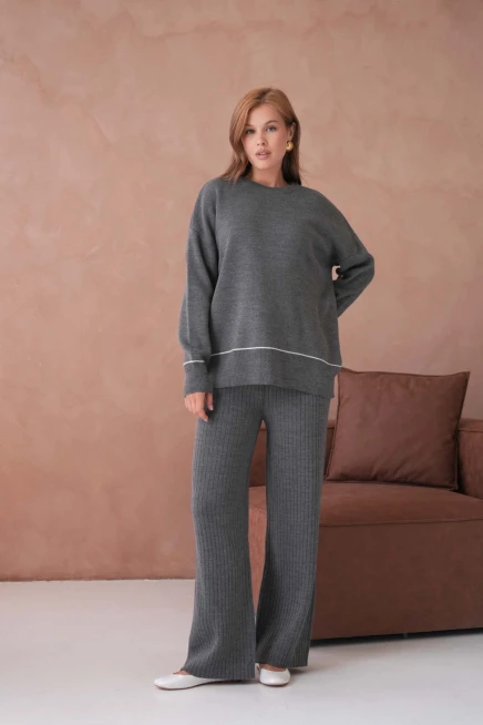 Kadın Bisiklet Yak Adüşük Kol Kazak Fitilli Pantolon İkili Triko Takım