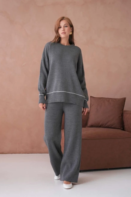 Kadın Bisiklet Yak Adüşük Kol Kazak Fitilli Pantolon İkili Triko Takım